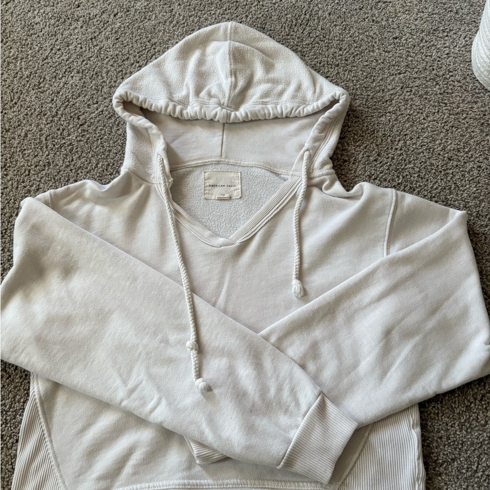 American Eagle Outfitters Women's V-Neck Hoodie Sweater - Soft Cream
